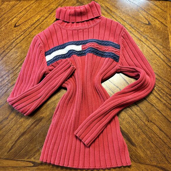 VTG 100% Cotton Tommy Hilfiger Women's size Small Red Turtleneck Sweater Y2K - Picture 1 of 9